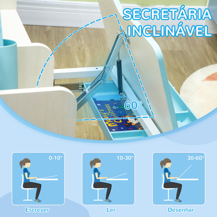 Conjunto de Secretária e Cadeira para Crianças acima de 3 Anos com Altura Ajustável Secretária Infantil com Bancada Inclinável Gaveta e Prateleira para Livros 80x52x88x109cm e 35,5x44,5x66-80cm Azul