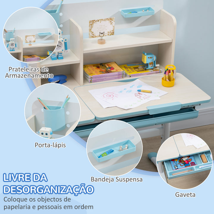 Conjunto de Secretária e Cadeira para Crianças acima de 3 Anos com Altura Ajustável Secretária Infantil com Bancada Inclinável Gaveta e Prateleira para Livros 80x52x88x109cm e 35,5x44,5x66-80cm Azul
