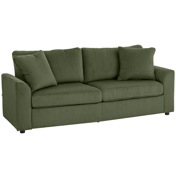 Sofá de 3 Lugares Sofá Sala de Estar 212x80x88 cm Estofado em Veludo Canelado com 2 Almofadas Apoios de Braço e Almofada de Molas Desenho Moderno para Sala de Estar Quarto Verde