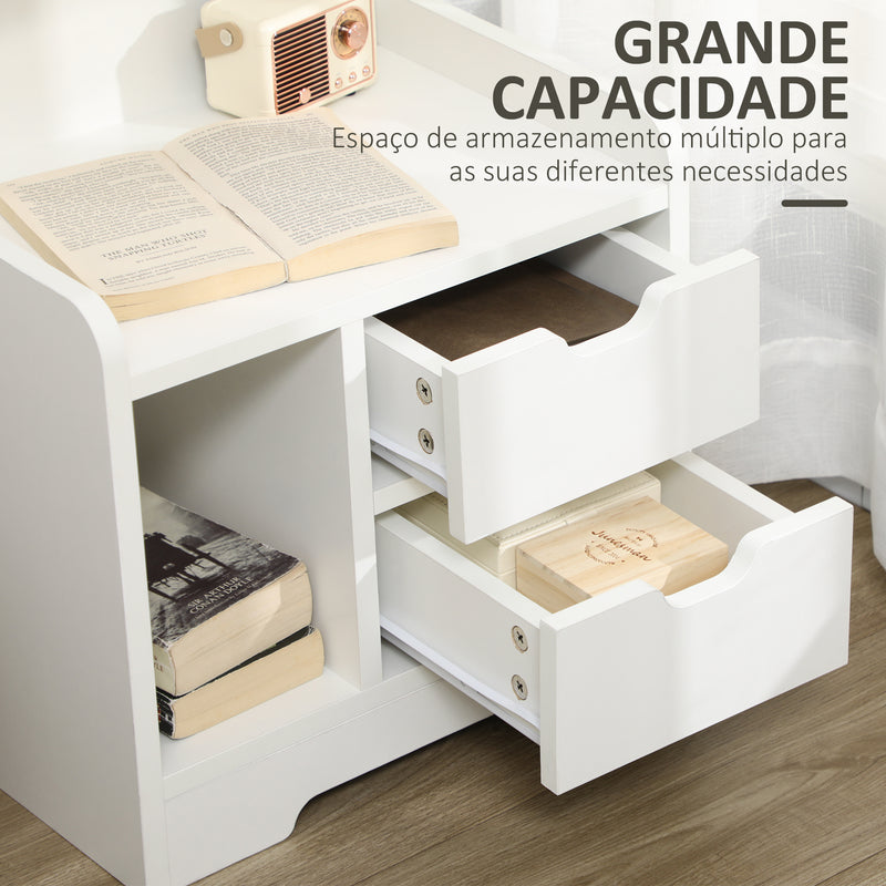 Mesa de Cabeceira Moderna Mesa de Cabeceira com 2 Gavetas e 3 Compartimentos de Armazenamento para Sala de Estar Quarto Carga 30 kg 40x30x60 cm Branco