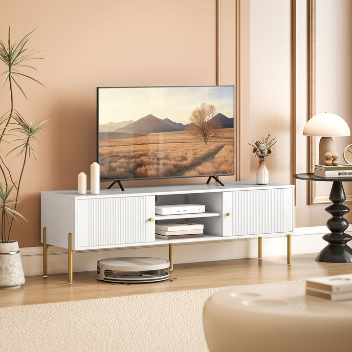 Móvel de TV Moderno de 2 Portas Móvel de TV para Sala com 2 Prateleiras Abertas Ajustáveis Orifícios para Cabos Pernas de Aço para Televisão 65 Polegadas 140x38x45,9 cm Branco