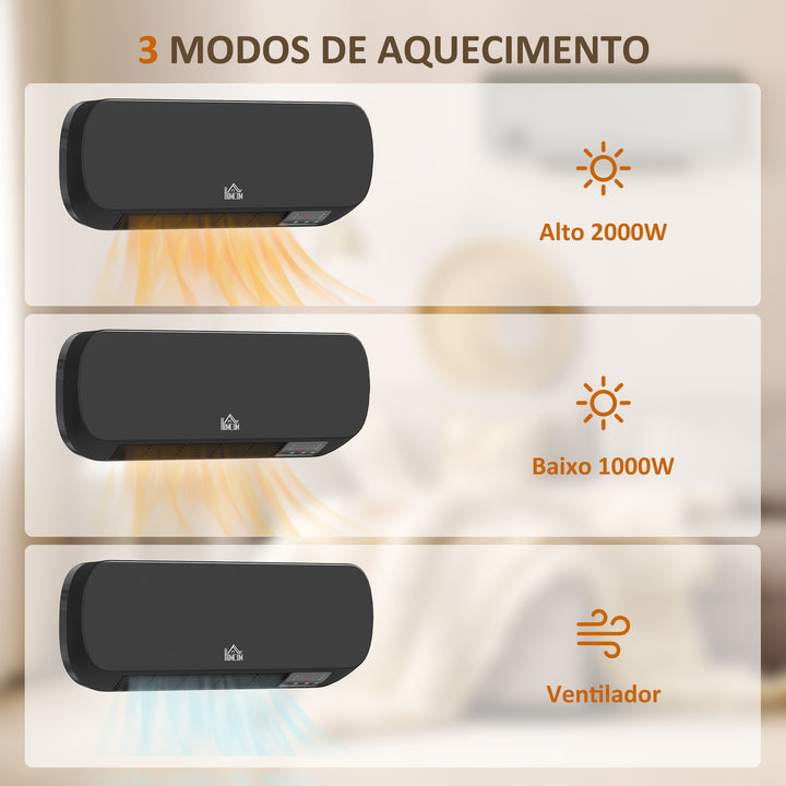 Aquecedor Cerâmico de Parede 1000W/2000W com Controle Remoto 3 Modos de Aquecimento Temporizador de 12h Termostato e Proteção contra Superaquecimento 45x18,6x11,5 cm Preto