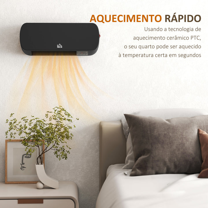 Aquecedor Cerâmico de Parede 1000W/2000W com Controle Remoto 3 Modos de Aquecimento Temporizador de 12h Termostato e Proteção contra Superaquecimento 45x18,6x11,5 cm Preto