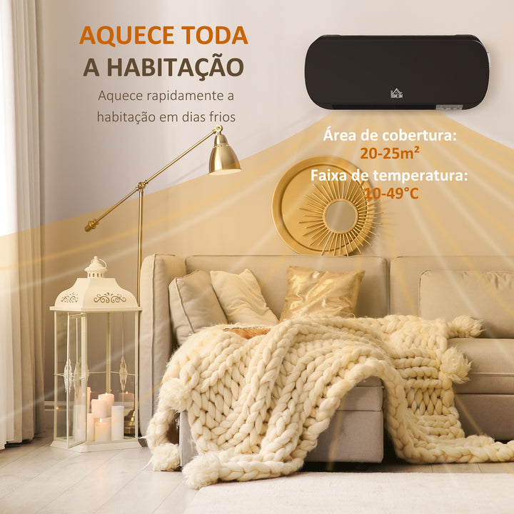 Aquecedor Cerâmico de Parede 1000W/2000W com Controle Remoto 3 Modos de Aquecimento Temporizador de 12h Termostato e Proteção contra Superaquecimento 45x18,6x11,5 cm Preto