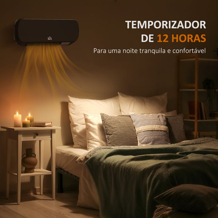 Aquecedor Cerâmico de Parede 1000W/2000W com Controle Remoto 3 Modos de Aquecimento Temporizador de 12h Termostato e Proteção contra Superaquecimento 45x18,6x11,5 cm Preto