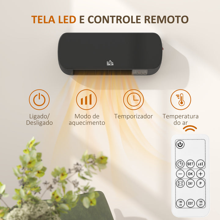 Aquecedor Cerâmico de Parede 1000W/2000W com Controle Remoto 3 Modos de Aquecimento Temporizador de 12h Termostato e Proteção contra Superaquecimento 45x18,6x11,5 cm Preto