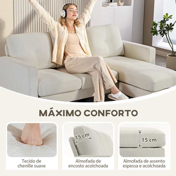 Sofá Chaise Longue Sofá em Forma de L Estofado em Poliéster Sofá de Canto Reversível com 3 Almofadas e Pés de Madeira para Sala de Estar Carga Máxima 180 kg 186x130x84 cm Creme