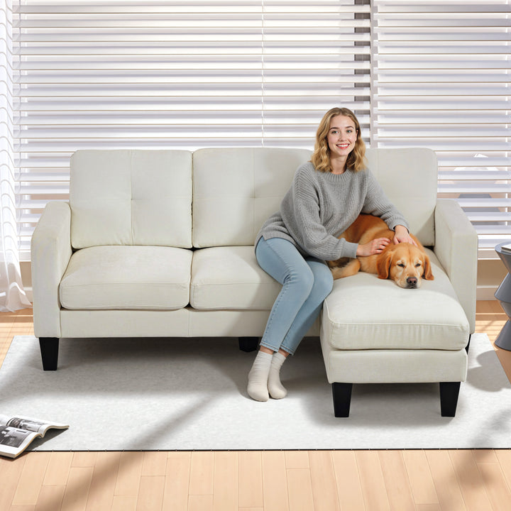 Sofá Chaise Longue Sofá em Forma de L Estofado em Poliéster Sofá de Canto Reversível com 3 Almofadas e Pés de Madeira para Sala de Estar Carga Máxima 180 kg 186x130x84 cm Creme