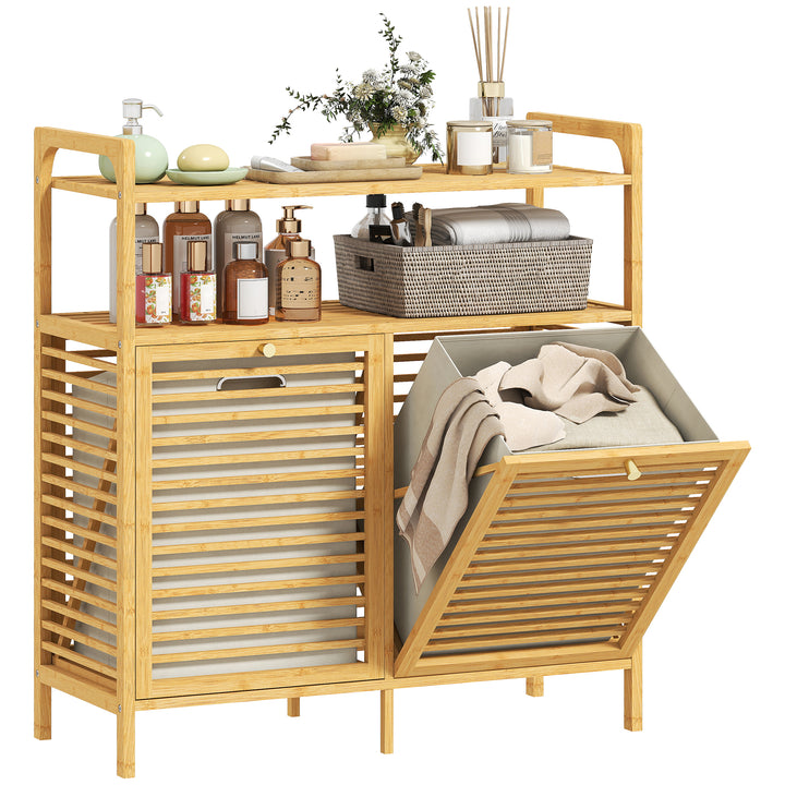 Móvel de Casa de Banho com Cesto para Roupa Suja Móvel para Roupa Suja em Bambu 2 Sacos de Roupa Extraíveis e Laváveis com Alça 2 Prateleiras Abertas para Lavandaria 82x33x88 cm Madeira