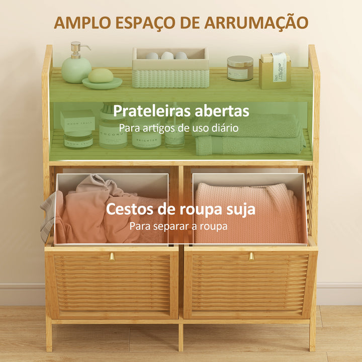 Móvel de Casa de Banho com Cesto para Roupa Suja Móvel para Roupa Suja em Bambu 2 Sacos de Roupa Extraíveis e Laváveis com Alça 2 Prateleiras Abertas para Lavandaria 82x33x88 cm Madeira
