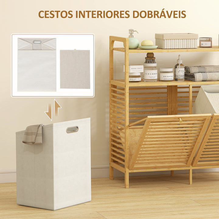 Móvel de Casa de Banho com Cesto para Roupa Suja Móvel para Roupa Suja em Bambu 2 Sacos de Roupa Extraíveis e Laváveis com Alça 2 Prateleiras Abertas para Lavandaria 82x33x88 cm Madeira