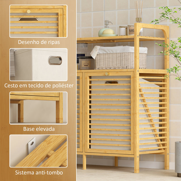 Móvel de Casa de Banho com Cesto para Roupa Suja Móvel para Roupa Suja em Bambu 2 Sacos de Roupa Extraíveis e Laváveis com Alça 2 Prateleiras Abertas para Lavandaria 82x33x88 cm Madeira