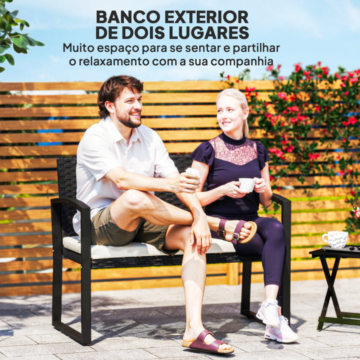 Banco de Jardim em Vime Sintético de 2 Lugares Banco de Exterior com Almofada Apoio para os Braços Carga 240 kg para Varanda Pátio 103x58x78 cm Preto e Bege