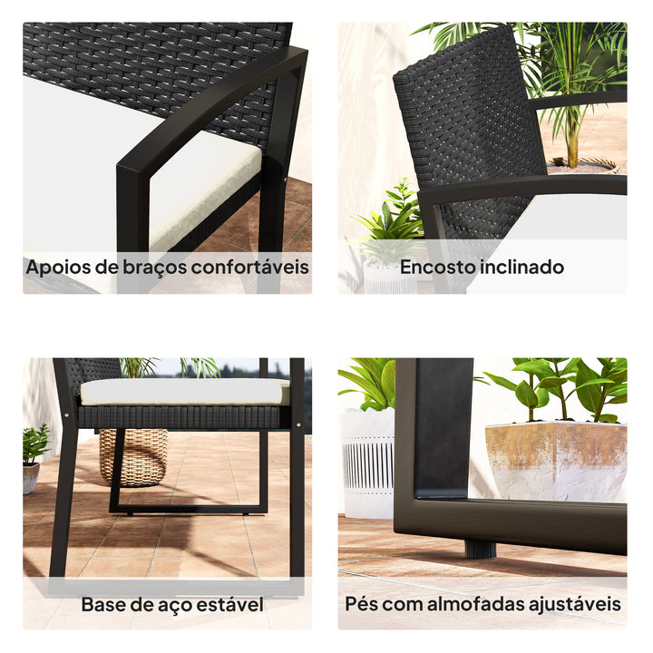 Banco de Jardim em Vime Sintético de 2 Lugares Banco de Exterior com Almofada Apoio para os Braços Carga 240 kg para Varanda Pátio 103x58x78 cm Preto e Bege