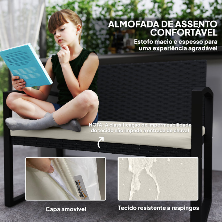 Banco de Jardim em Vime Sintético de 2 Lugares Banco de Exterior com Almofada Apoio para os Braços Carga 240 kg para Varanda Pátio 103x58x78 cm Preto e Bege