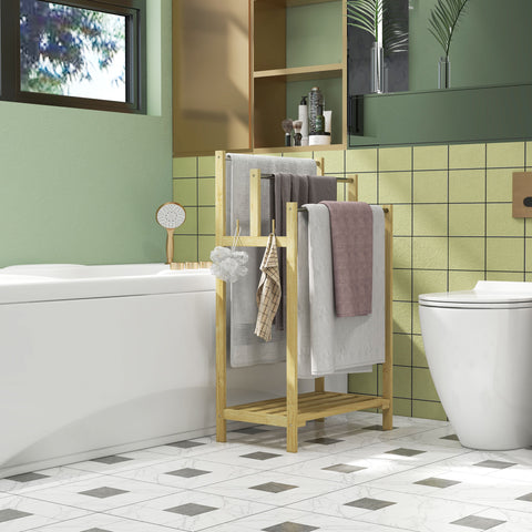 Toalheiro de Pé de Bambu Toalheiro Escada para Casa de Banho com 3 Barras de Aço Inoxidável Prateleira Aberta 4 Ganchos Estilo Moderno 50,5x31x90 cm Madeira
