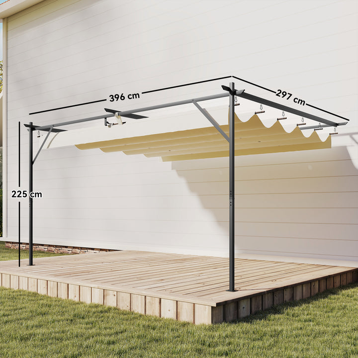 Pérgola de Parede de Jardim 4x3 m Pérgola de Jardim com Telhado Retrátil Proteção UPF30+ Orifícios de Drenagem e Estrutura Metálica Pérgola para Terraço Jardim Exterior Creme