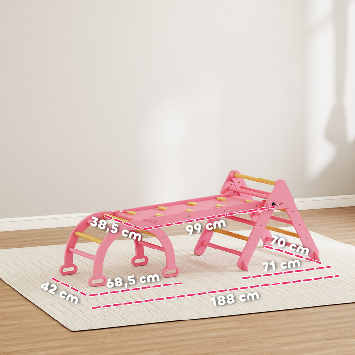 Triângulo de Escalada 7 em 1 Montessori com Arco e Rampa Escalada para Crianças de Madeira Dobrável para 18-48 Meses Para Deslizar ou Escalar 188x70 cm Rosa