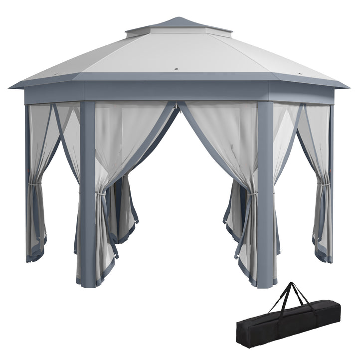 Tenda Dobrável 4x3,4 m Tenda de Jardim Hexagonal com Duplo Tecto 6 Mosquiteiras Destacáveis e Saco de Transporte Impermeável Anti-UV para Exterior Festas Cinzento