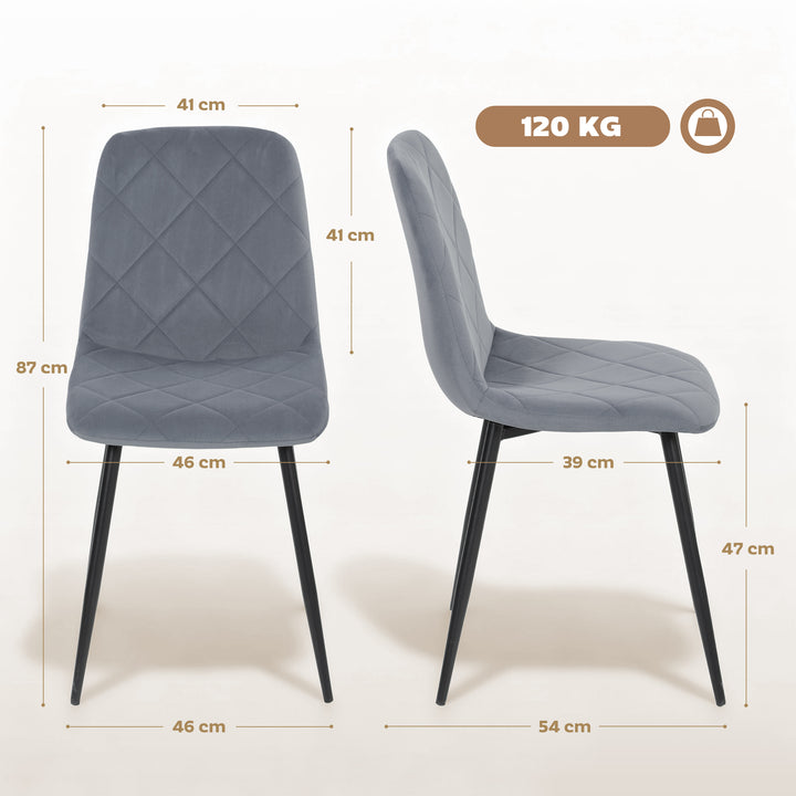 Conjunto de 4 Cadeiras de Jantar Modernas Cadeiras de Cozinha Estofadas em Veludo com Pés de Aço para Sala de Estar 45x54x87 cm Cinza