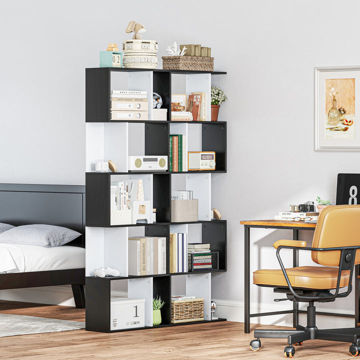 Estante para Livros Estante Alta de Parede com 5 Níveis em Forma de S Desenho Moderno para Sala de Estar Escritório 60x24x184,5 cm Branco e Preto