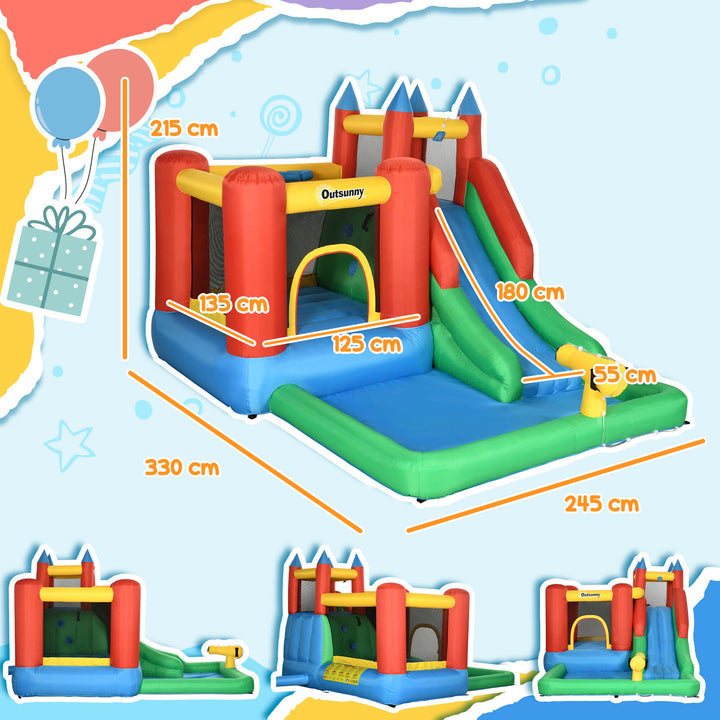 Castelo Insuflável com Escorrega Trampolim Piscina e Pistola de Água para Crianças acima de 3 Anos com Inflador e Bolsa de Transporte para Interior Exterior 330x245x215cm Multicor