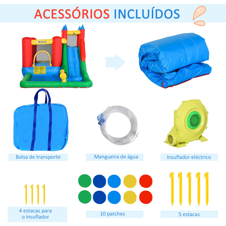 Castelo Insuflável com Escorrega Trampolim Piscina e Pistola de Água para Crianças acima de 3 Anos com Inflador e Bolsa de Transporte para Interior Exterior 330x245x215cm Multicor