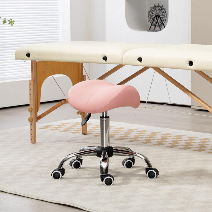 Banco com Rodas Banco Giratório Cosmético com Altura Ajustável Assento Acolchoado e Amplo Dentista Cabeleireiro Carga 120 kg 52x53x49-61 cm Rosa
