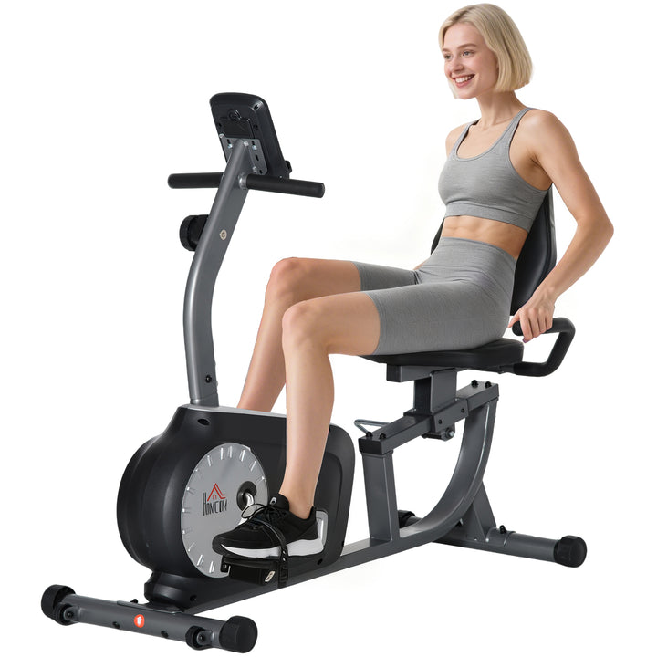 Bicicleta Estática com Encosto Bicicleta de Exercícios Fitness com 8 Níveis de Resistência Magnética Comprimento Ajustável Ecrã LCD para Casa Escritório Ginásio Cinza