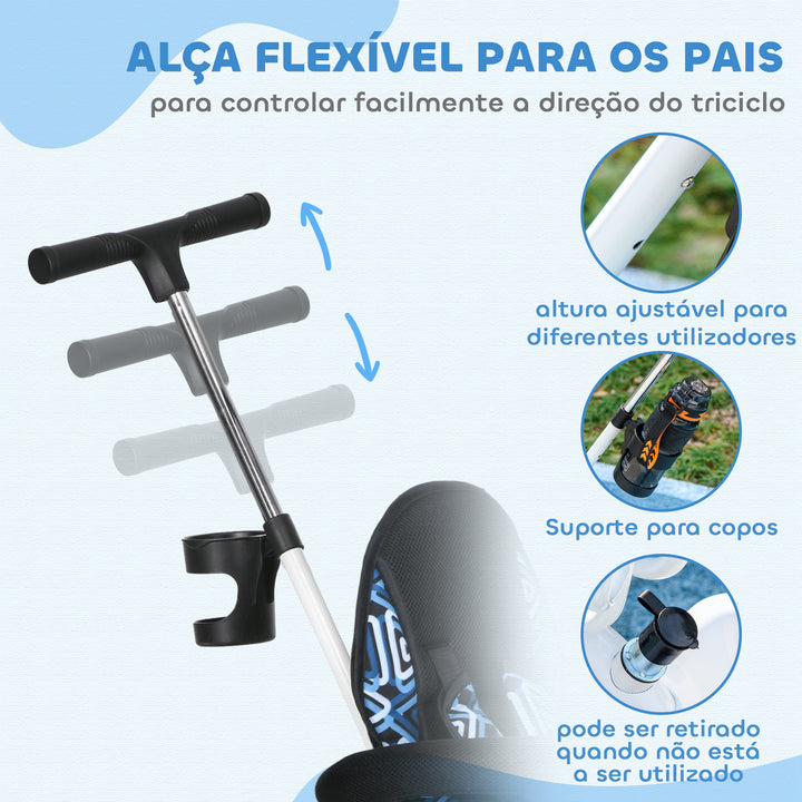 Triciclo para Bebés 2 em 1 Triciclo Evolutivo para Crianças de +12 Meses com Toldo Dobrável Guiador Telescópico e Removível Assento Ajustável Cesto e Suporte para Garrafa 105x47x98 cm Branco