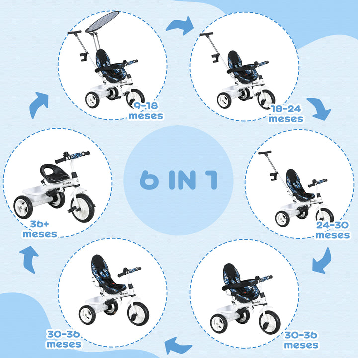 Triciclo para Bebés 2 em 1 Triciclo Evolutivo para Crianças de +12 Meses com Toldo Dobrável Guiador Telescópico e Removível Assento Ajustável Cesto e Suporte para Garrafa 105x47x98 cm Branco