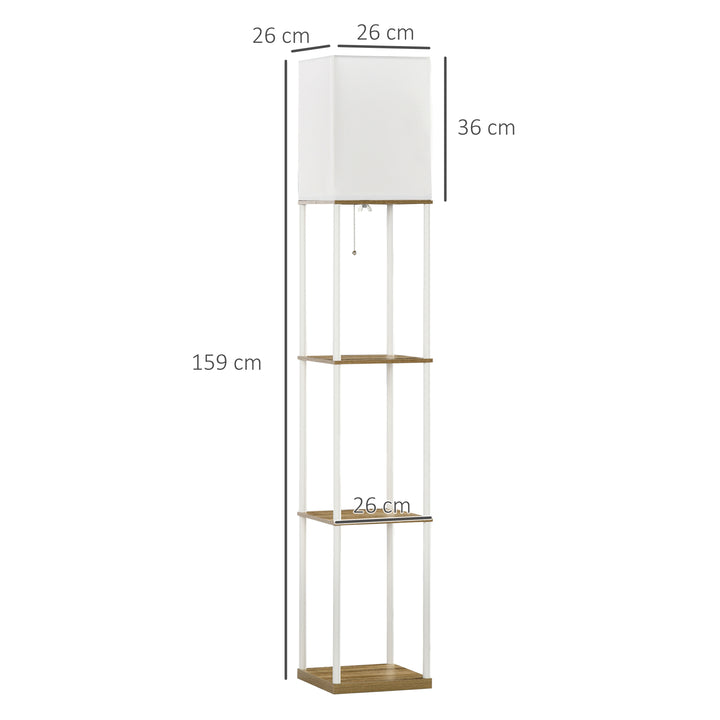 Candeeiro de Pé Moderno com Prateleiras Candeeiro de Pé para Sala de Estar Lâmpada E27 Máx. 40W com Ecrã de Tecido e Interruptor de Pé para Dormitório Escritório 26x26x159cm Branco e Madeira