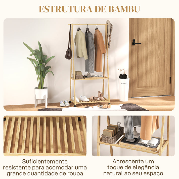 Charriot de Bambu para Roupa Charriot para Roupa com Rodas 2 Prateleiras Abertas e 2 Ganchos para Entrada Corredor Dormitório 84,5x43,5x158 cm Madeira