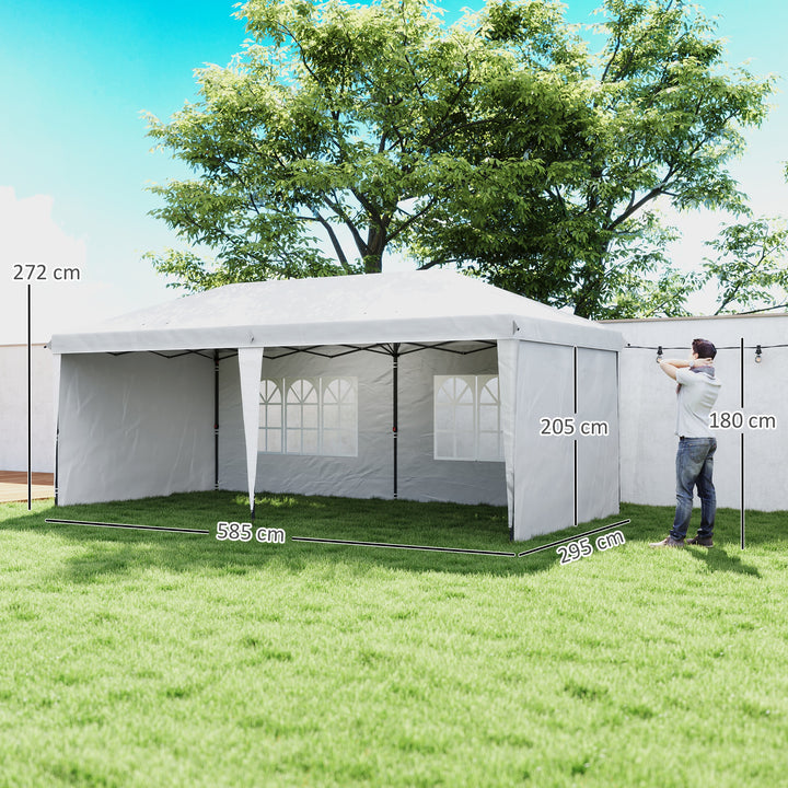 Tenda Dobrável 6x3 m Pop-up com 4 Laterais Desmontáveis Tenda de Jardim com 2 Janelas Visíveis Saco de Transporte Impermeável Anti-UV Tenda para Campismo Festas Exterior Branco