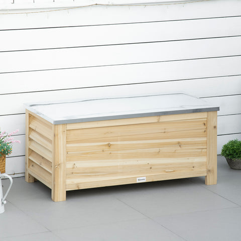 Baú de Jardim Carga 155L Baú de Armazenamento Exterior de Madeira com Tampa de Metal Galvanizado e Desenho em Ripas para Jardim Varanda 110x50x50 cm Madeira