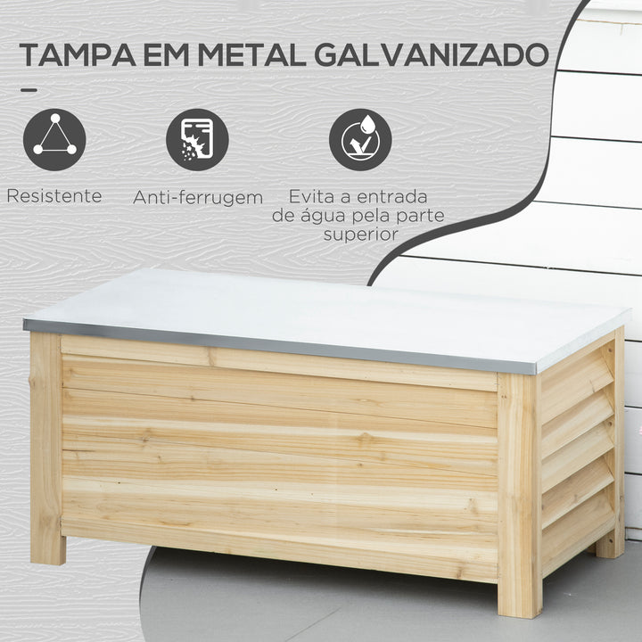 Baú de Jardim Carga 155L Baú de Armazenamento Exterior de Madeira com Tampa de Metal Galvanizado e Desenho em Ripas para Jardim Varanda 110x50x50 cm Madeira