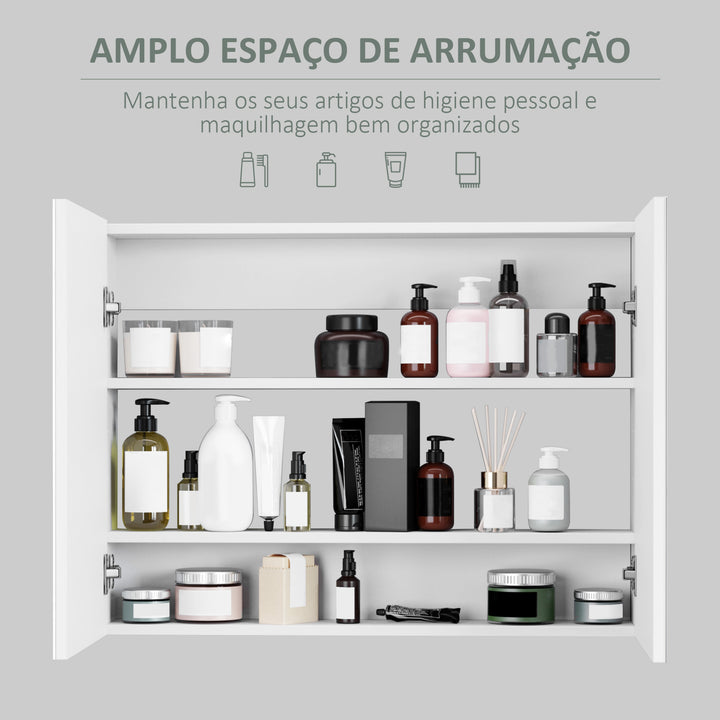 Armário de banheiro com espelho de parede Gabinete 2 portas com 3 prateleiras internas Estilo moderno para quarto Sala 80x15x60 cm Branco