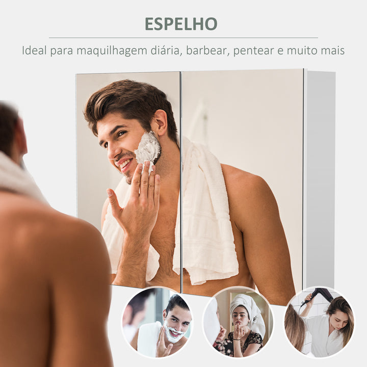 Armário de banheiro com espelho de parede Gabinete 2 portas com 3 prateleiras internas Estilo moderno para quarto Sala 80x15x60 cm Branco