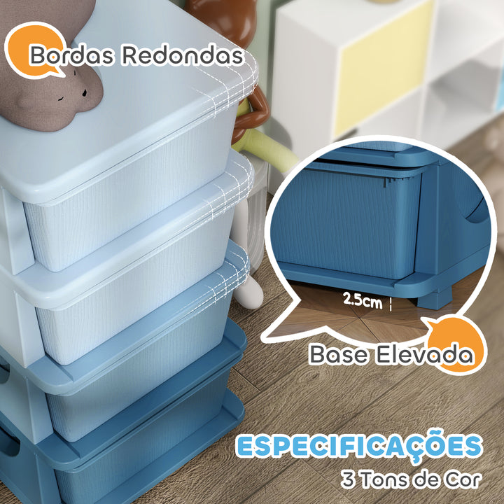 Organizador de Brinquedos com 4 Gavetas Torre de Arrumação para Crianças +3 Anos Cantos Arredondados e Pegas para Creche Sala de Brincar Quarto 37x37x76 cm Azul