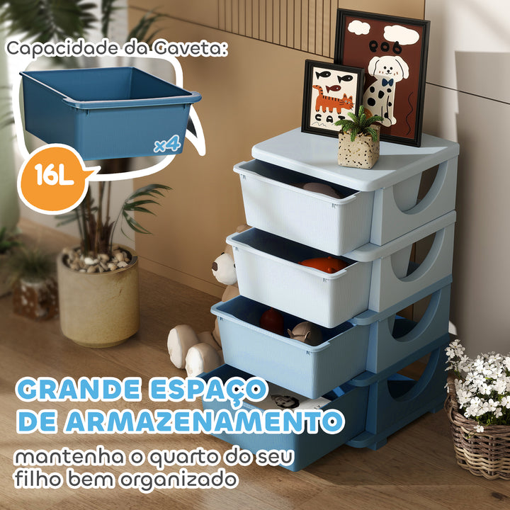 Organizador de Brinquedos com 4 Gavetas Torre de Arrumação para Crianças +3 Anos Cantos Arredondados e Pegas para Creche Sala de Brincar Quarto 37x37x76 cm Azul