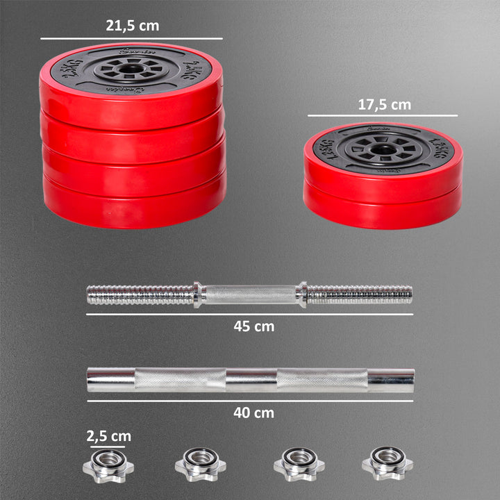 Conjunto de Halteres 30kg Ajustáveis 2 em 1 com Barras e Extensor para Treinamento de Força Levantamento de Pesos para Casa Academia Preto e Vermelho
