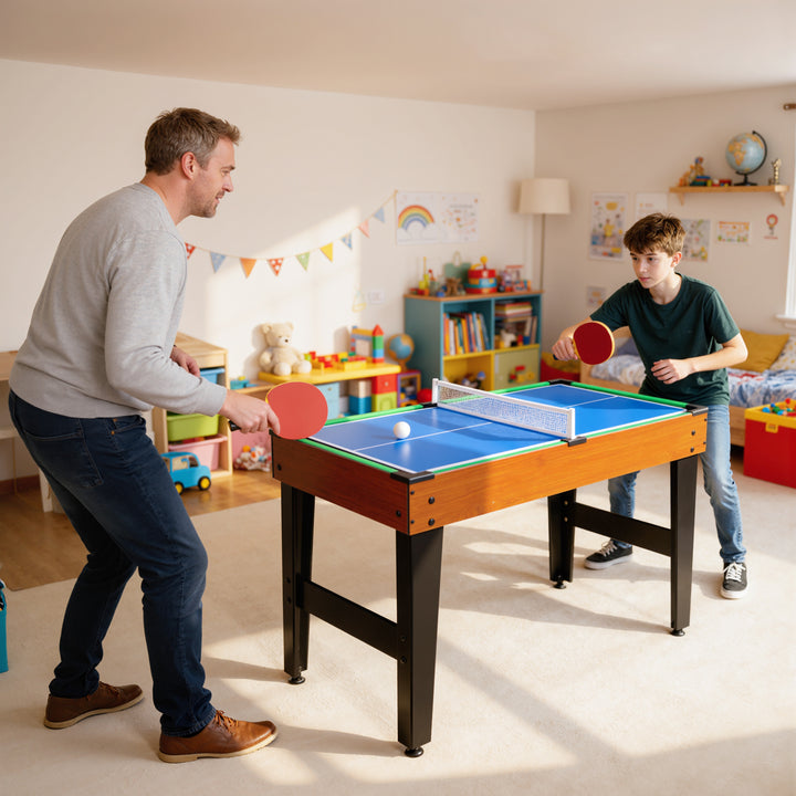 Mesa Multijogos 5 em 1 Mesa de Jogo com Matraquilho para Crianças Bilhar Ping-Pong Hóquei e Basquetebol Diversão Familiar para Adultos e Crianças 134x108x144 cm Madeira e Preto