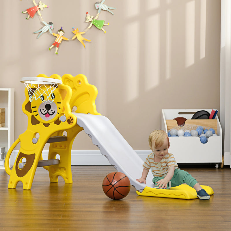 Escorrega para Crianças 2 em 1 Escorrega para Crianças de 18 a 36 Meses com 2 Degraus Cesta de basquetebol e Desenho de Leão para Interior 131x50x74 cm Amarelo e Cinza