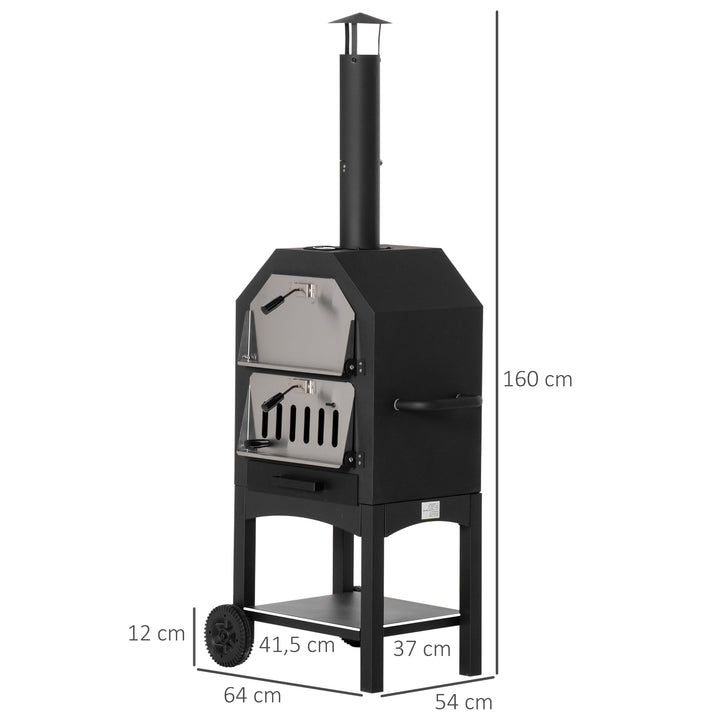 Forno de Pizza Exterior com 2 Camadas Forno a Lenha com Rodas Gaveta Removível Prateleira de Armazenamento para Terraço Campismo Jardim 64x54x160 cm Preto