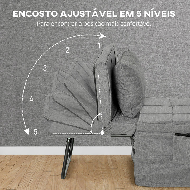 Sofá Cama 4 em 1 Poltrona Cama Desdobrável Estofado em Linho com Encosto Ajustável em 5 Níveis e Almofada Acolchoada para Escritório, Quarto Sala 75x80x74 cm Cinza