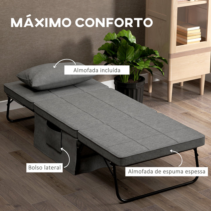 Sofá Cama 4 em 1 Poltrona Cama Desdobrável Estofado em Linho com Encosto Ajustável em 5 Níveis e Almofada Acolchoada para Escritório, Quarto Sala 75x80x74 cm Cinza
