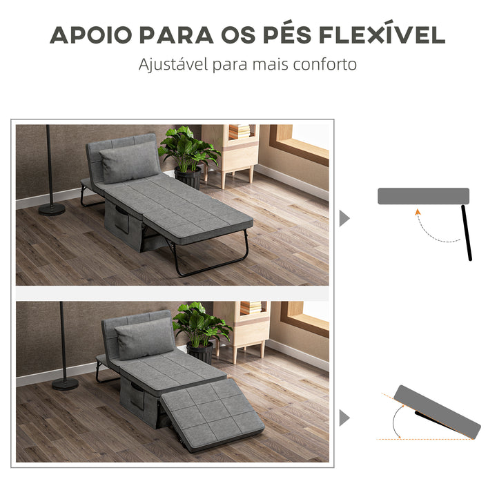Sofá Cama 4 em 1 Poltrona Cama Desdobrável Estofado em Linho com Encosto Ajustável em 5 Níveis e Almofada Acolchoada para Escritório, Quarto Sala 75x80x74 cm Cinza