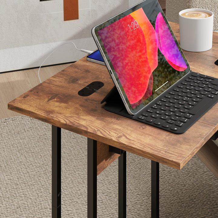 Mesa Auxiliar com Estação de Carga Mesa Auxiliar para Sofá com Tampo Dobrável e Pés Ajustáveis Mesinha Auxiliar para Sala Quarto Madeira Rústica