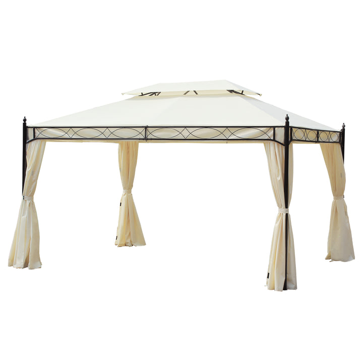 Pérgola de Jardim 4x3 m Pérgola de Jardim com Telhado Duplo 4 Cortinas Estrutura de Aço 8 Orifícios de Drenagem Anti-UV Tenda para Exterior Terraço Pátio Creme