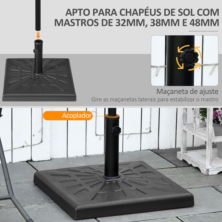 Base para Chapéu de Sol de Resina 19 kg Base para Chapéu de Sol com Mastro de Ø32/38/48 mm para Jardim Varanda Pátio 51x51x32 cm Preto